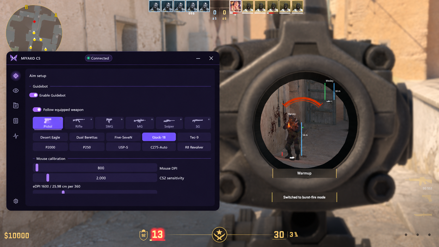 AI Guidance setup with weapon selection and mouse calibration