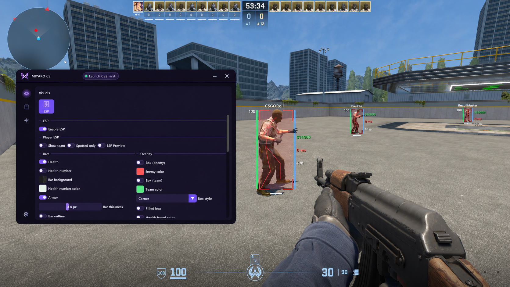 Miyako Free ESP settings beside in-game player overlays