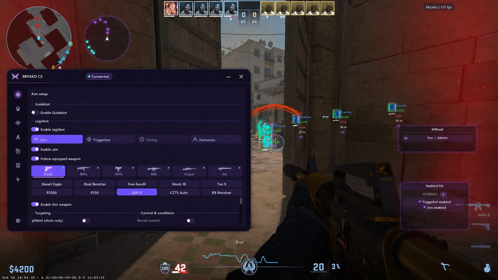 Combined composition of Miyako desktop aim controls over Counter-Strike 2 gameplay